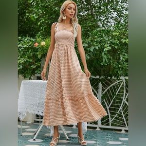 Tan Gingham Midi Dress